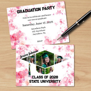 Watercolor Pink Floral Graduation Photo Party Invitation