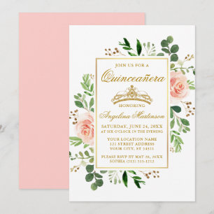 Watercolor Pink Floral Greenery Gold Quinceanera Invitation