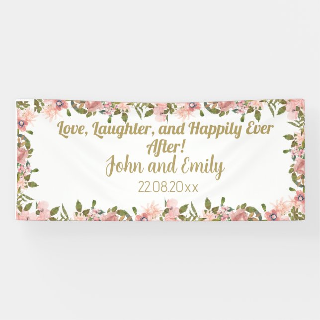Watercolor pink floral Greenery & gold wedding Banner (Horizontal)