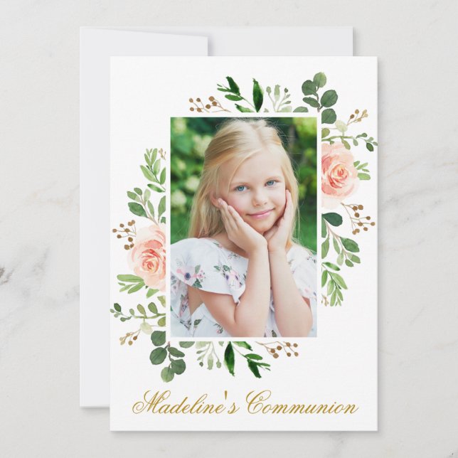 Watercolor Pink Floral Greenery Photo Communion Invitation (Front)