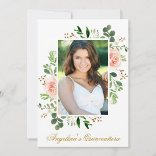 Watercolor Pink Floral Greenery Photo Quinceanera Invitation