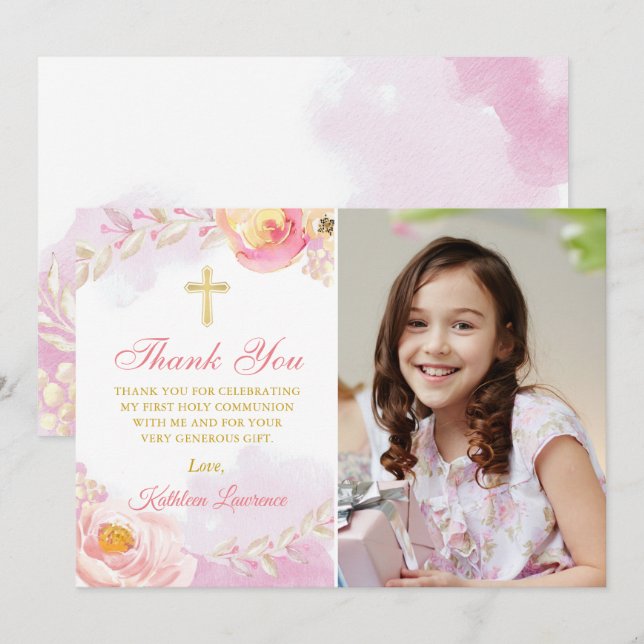 Watercolor Pink Floral Holy Communion Thank You Invitation (Front/Back)
