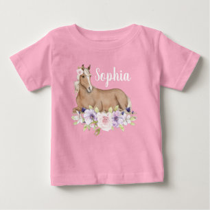 Watercolor Pink Floral Horse Birthday Baby T-Shirt