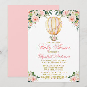 Watercolor Pink Floral Hot Air Balloon Baby Shower Invitation