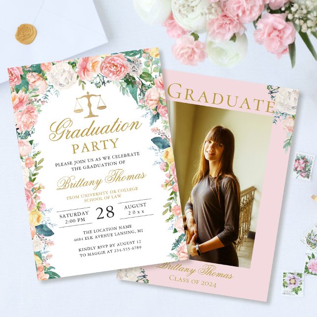 Watercolor Pink Floral Law School Graduation Photo Invitation (Creator Uploaded)