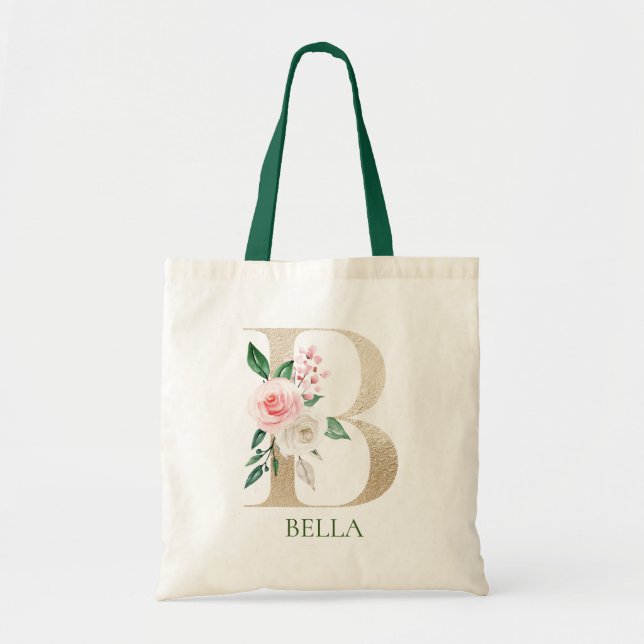 Watercolor Pink Floral Letter B Monogram Tote Bag (Front)