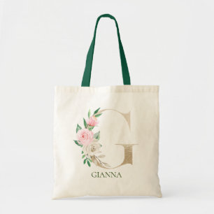 Watercolor Pink Floral Letter G Monogram Tote Bag