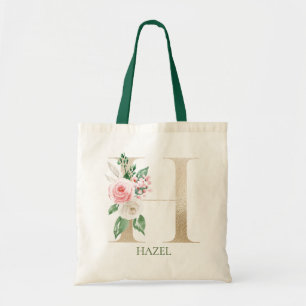 Watercolor Pink Floral Letter H Monogram Tote Bag