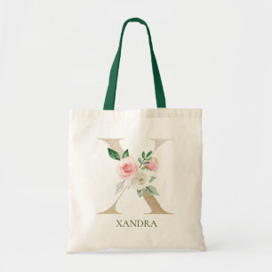 Watercolor Pink Floral Letter X Monogram Tote Bag