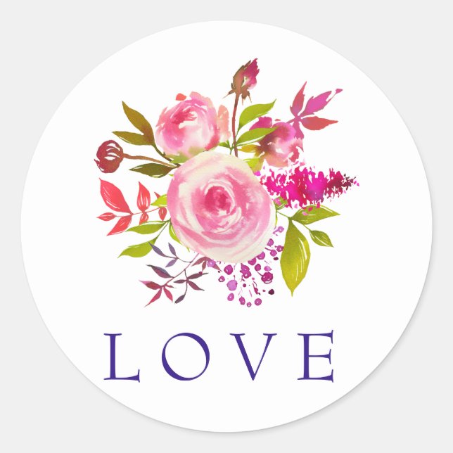 Watercolor PInk Floral LOVE Wedding Classic Round Sticker (Front)