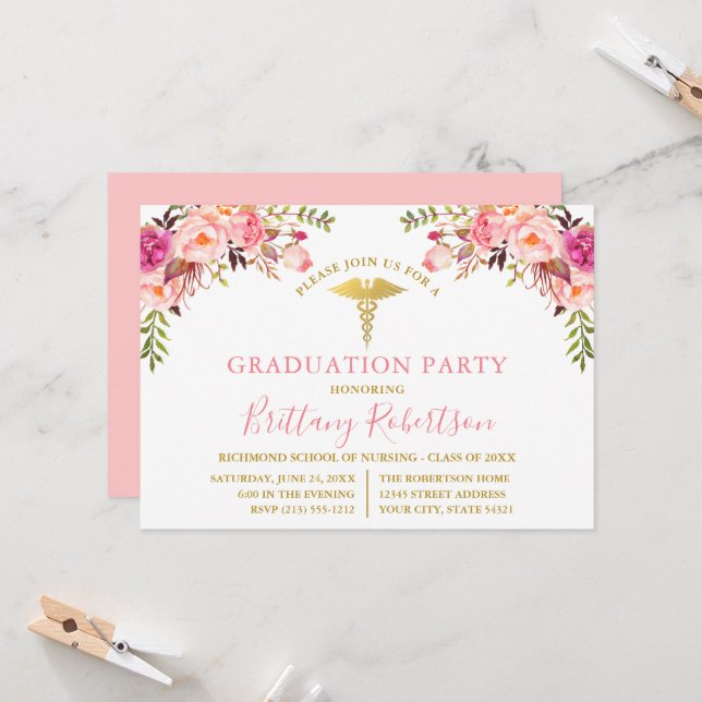 Watercolor Pink Floral Medical Graduation Party Invitation (Front/Back In Situ)