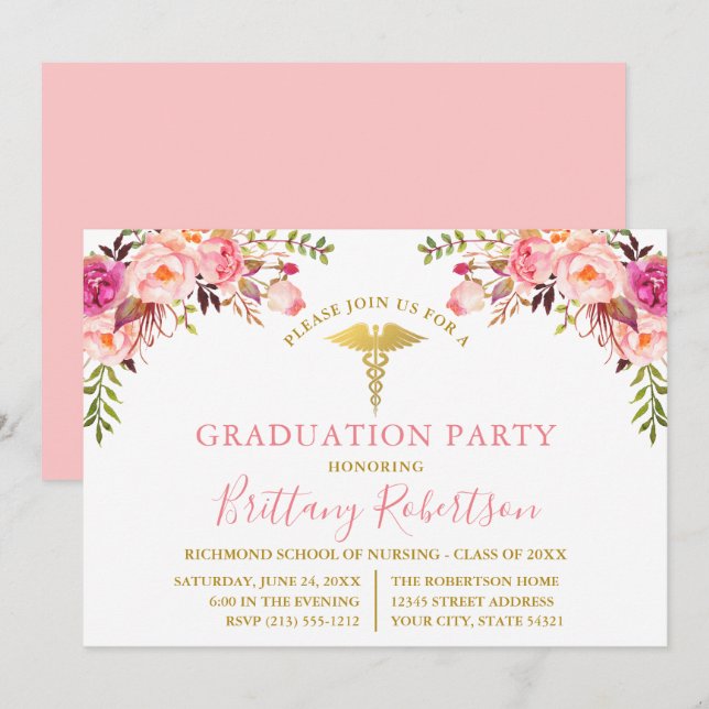 Watercolor Pink Floral Medical Graduation Party Invitation (Front/Back)