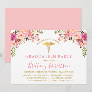 Watercolor Pink Floral Medical Graduation Party Invitation
