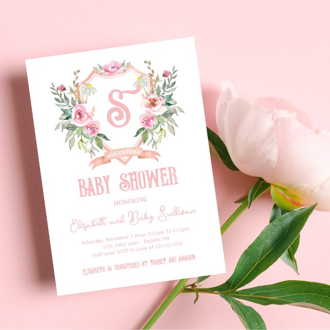 Watercolor Pink Floral Monogram Crest Baby Shower Invitation (Creator Uploaded)
