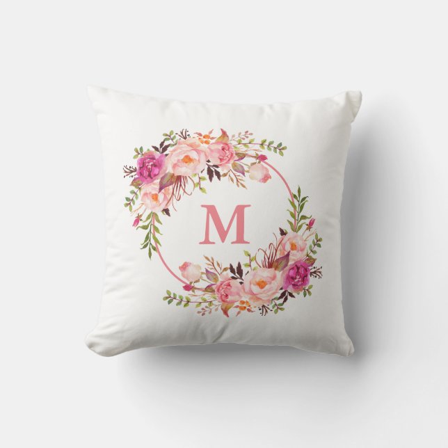 Watercolor Pink Floral Monogram Cushion (Front)