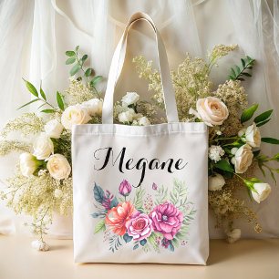 watercolor pink floral monogram name bridesmaid to tote bag