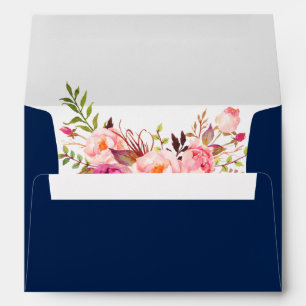 Watercolor Pink Floral Navy Blue Invitation Envelope