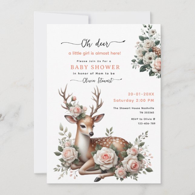 Watercolor Pink Floral oh deer baby shower  Invitation (Front)