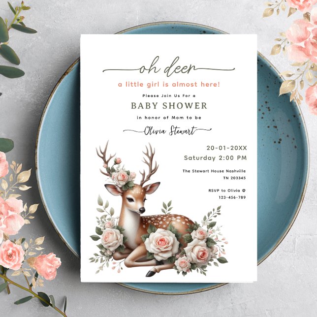 Watercolor Pink Floral oh deer baby shower  Invitation (Creator Uploaded)