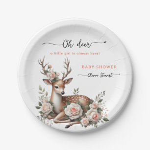 Watercolor Pink Floral oh deer baby shower  Paper Plate