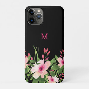 Watercolor Pink Floral On Black Monogrammed iPhone 11 Pro Case