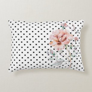 Watercolor Pink Floral on Black Polkadots Decorative Cushion