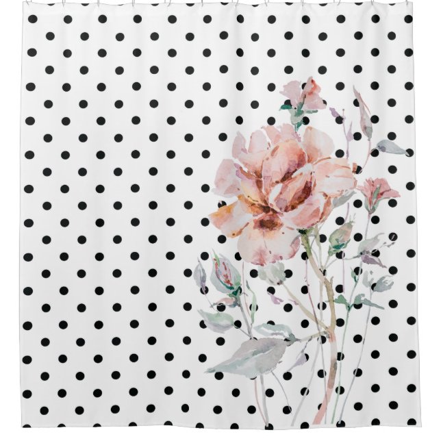 Watercolor Pink Floral on Black Polkadots Shower Curtain (Front)