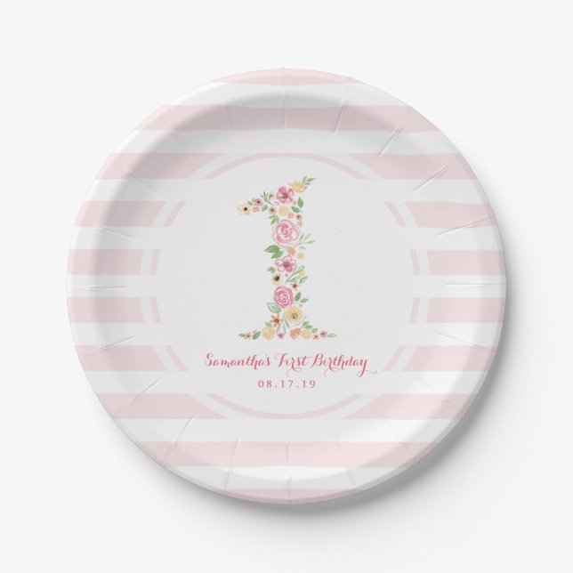 Watercolor Pink Floral One First Birthday Paper Plate (Front)