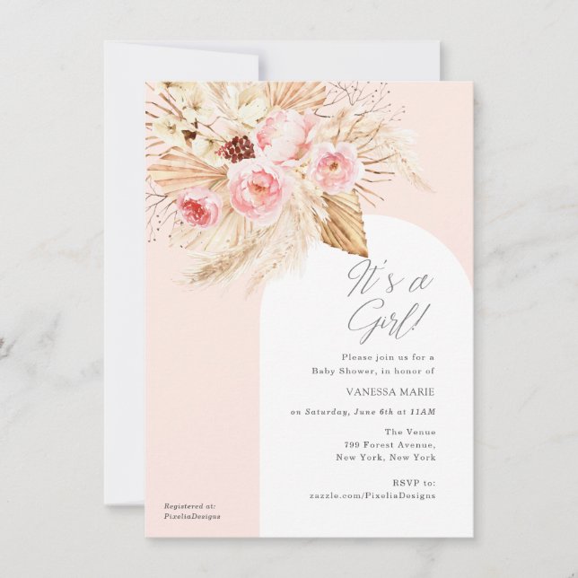 Watercolor pink floral pampas baby girl shower invitation (Front)