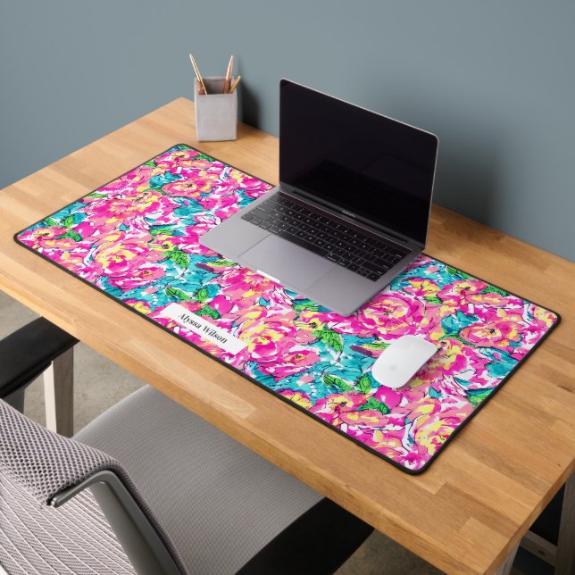 Watercolor Pink Floral Pattern Desk Mat (Office 2)