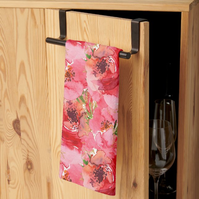 Watercolor Pink Floral Pattern Tea Towel (Thirds Fold)