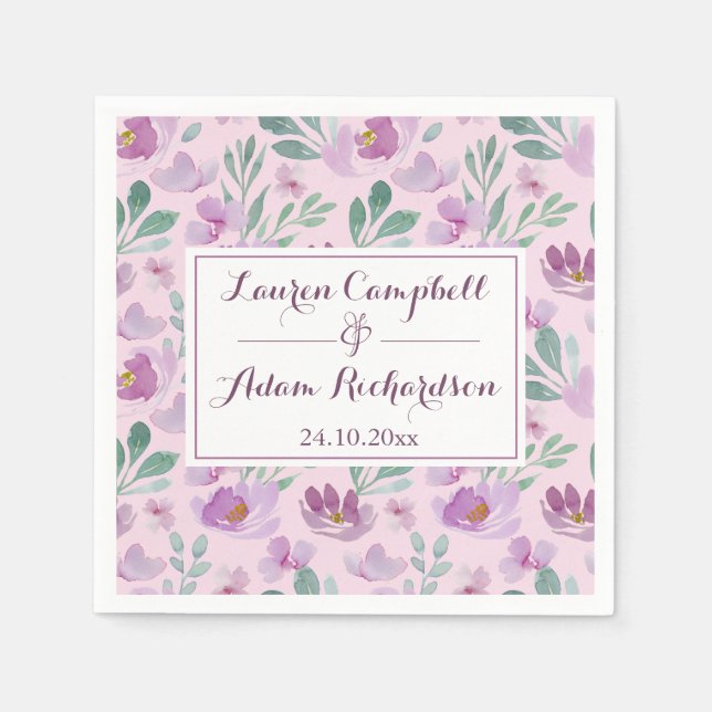 Watercolor Pink Floral Pattern Wedding  Napkin (Front)