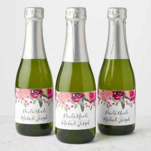 Watercolor Pink Floral Personalised Wedding Mini C Sparkling Wine Label