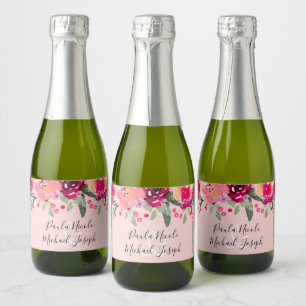 Watercolor Pink Floral Personalised Wedding Mini Sparkling Wine Label
