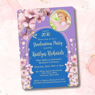  Watercolor Pink Floral Photo Graduation Party Invitation