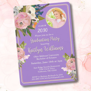  Watercolor Pink Floral Photo Graduation Party Invitation