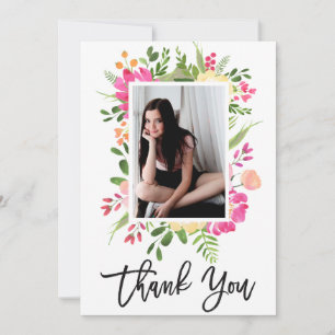 Watercolor Pink Floral Photo Script Thank You Card