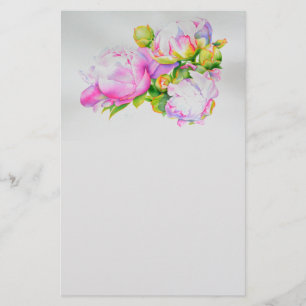 Watercolor pink floral pink peonies white floral stationery