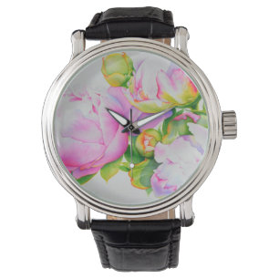 Watercolor pink floral pink peonies white floral watch