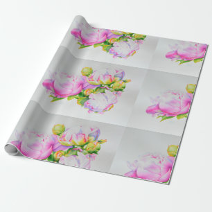 Watercolor pink floral pink peonies white floral wrapping paper