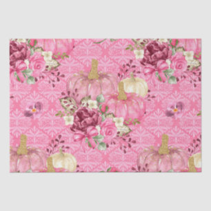 Watercolor Pink Floral Pumpkin on Damask Pattern Tissue Paper