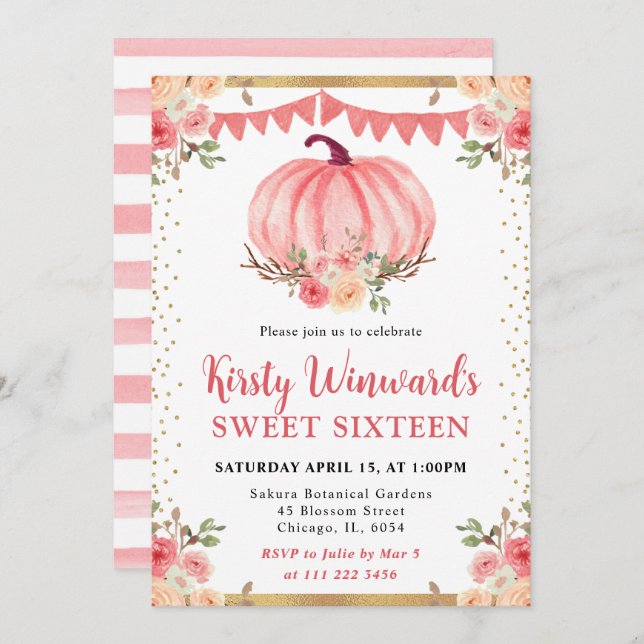 Watercolor Pink Floral Pumpkins Fall Sweet 16 Invitation (Front/Back)