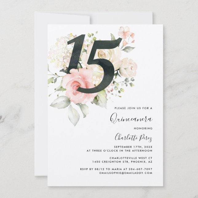 Watercolor Pink Floral Quinceanera 15th Birthday Invitation (Front)