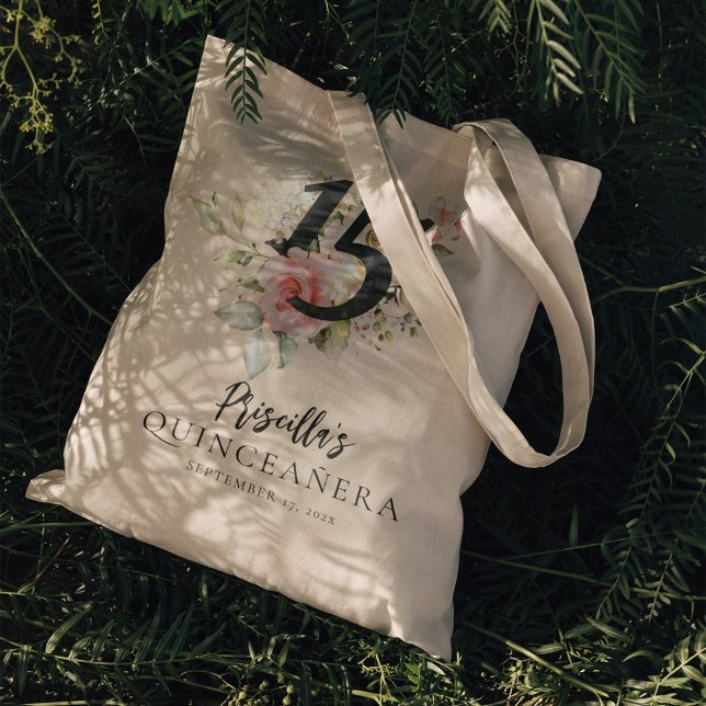 Watercolor Pink Floral Quinceanera 15th Birthday Tote Bag (Pink Floral Quinceanera 15th Birthday Party Tote Bag)
