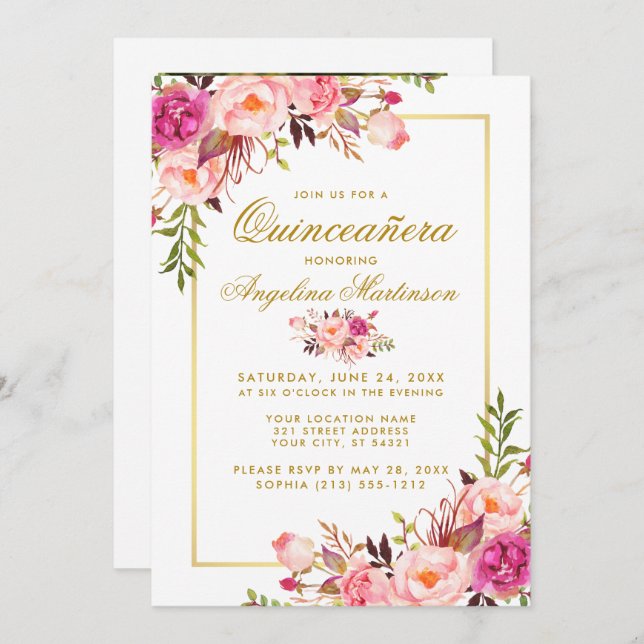 Watercolor Pink Floral Quinceanera Gold Photo Invitation (Front/Back)