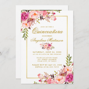 Watercolor Pink Floral Quinceanera Gold Photo Invitation