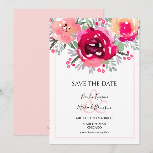 Watercolor Pink Floral Save the Date (Front/Back)