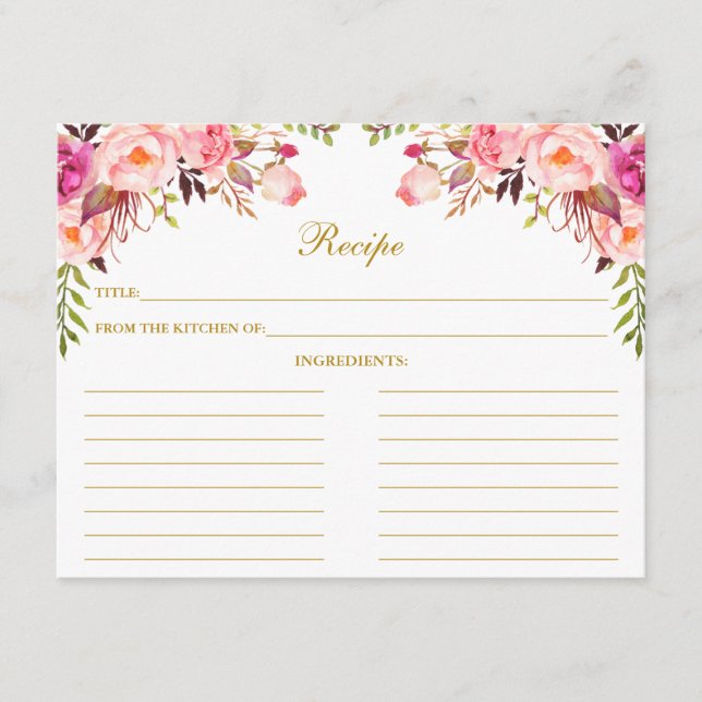 Watercolor Pink Floral Shower Gold Recipe Card (Front)