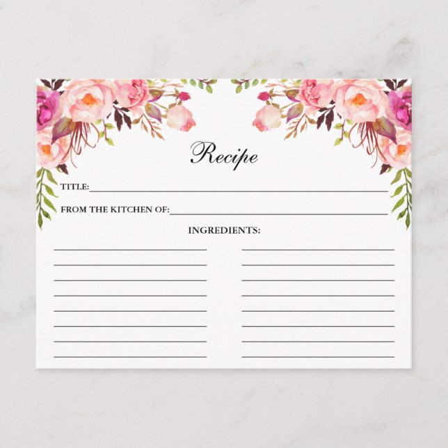 Watercolor Pink Floral Shower Recipe Card (Front)