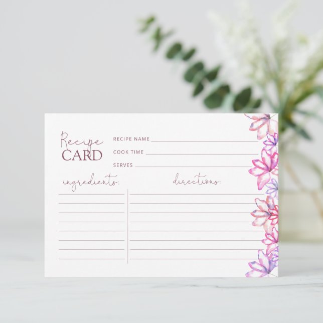 Watercolor Pink Floral Shower Recipe Card (Standing Front)